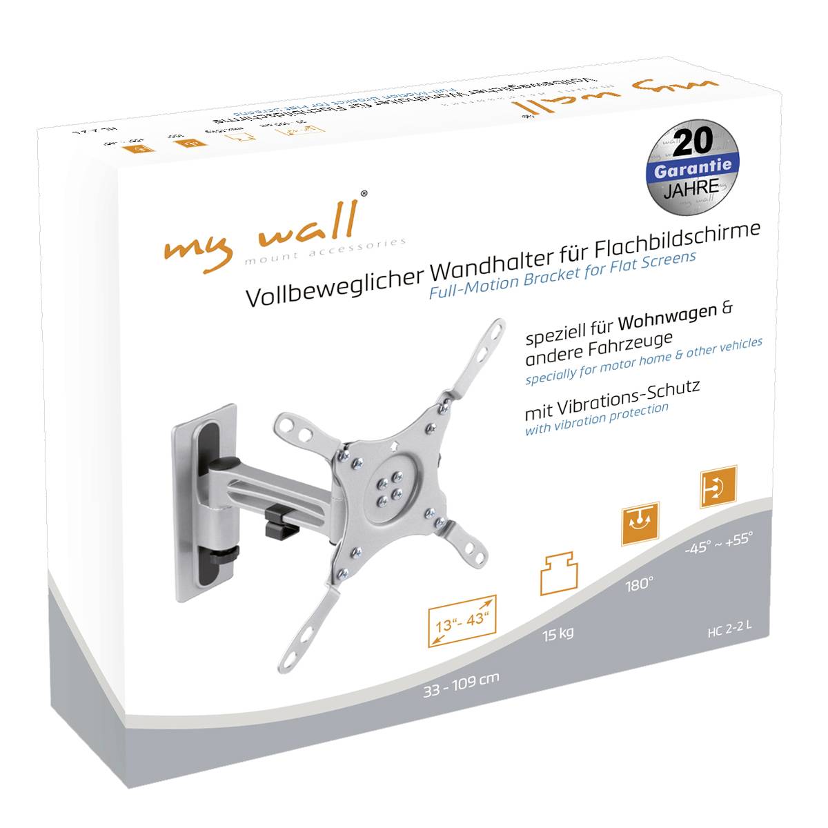 'W pełni ruchomy uchwyt ścienny do płaskich ekranów, specjalnie do przyczep kempingowych, 33-109 cm, obrotowy o 180°, z ochroną przed wibracjami.'