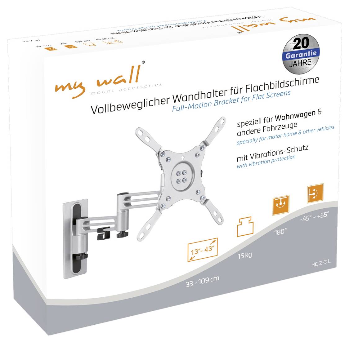 'W pełni ruchomy uchwyt ścienny do telewizorów płaskich, specjalnie przeznaczony do przyczep kempingowych z ochroną przeciwdrganiową, rozmiar 13"-43", gwarancja 20 lat.'