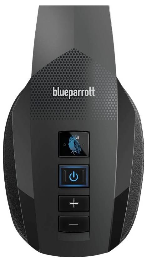 Czarne słuchawki z niebieskim przyciskiem i niebieskimi akcentami. Na górze nadruk 'Blueparrott'.