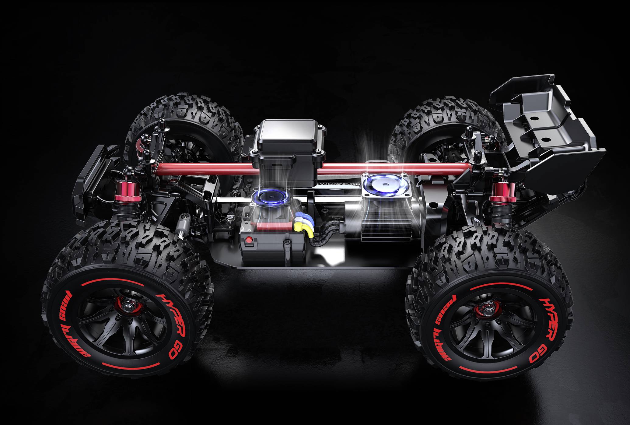 Samochód modelowy z odkrytym podwoziem prezentuje zawieszenie i napęd. Posiada duże, bieżnikowane opony i solidną konstrukcję.