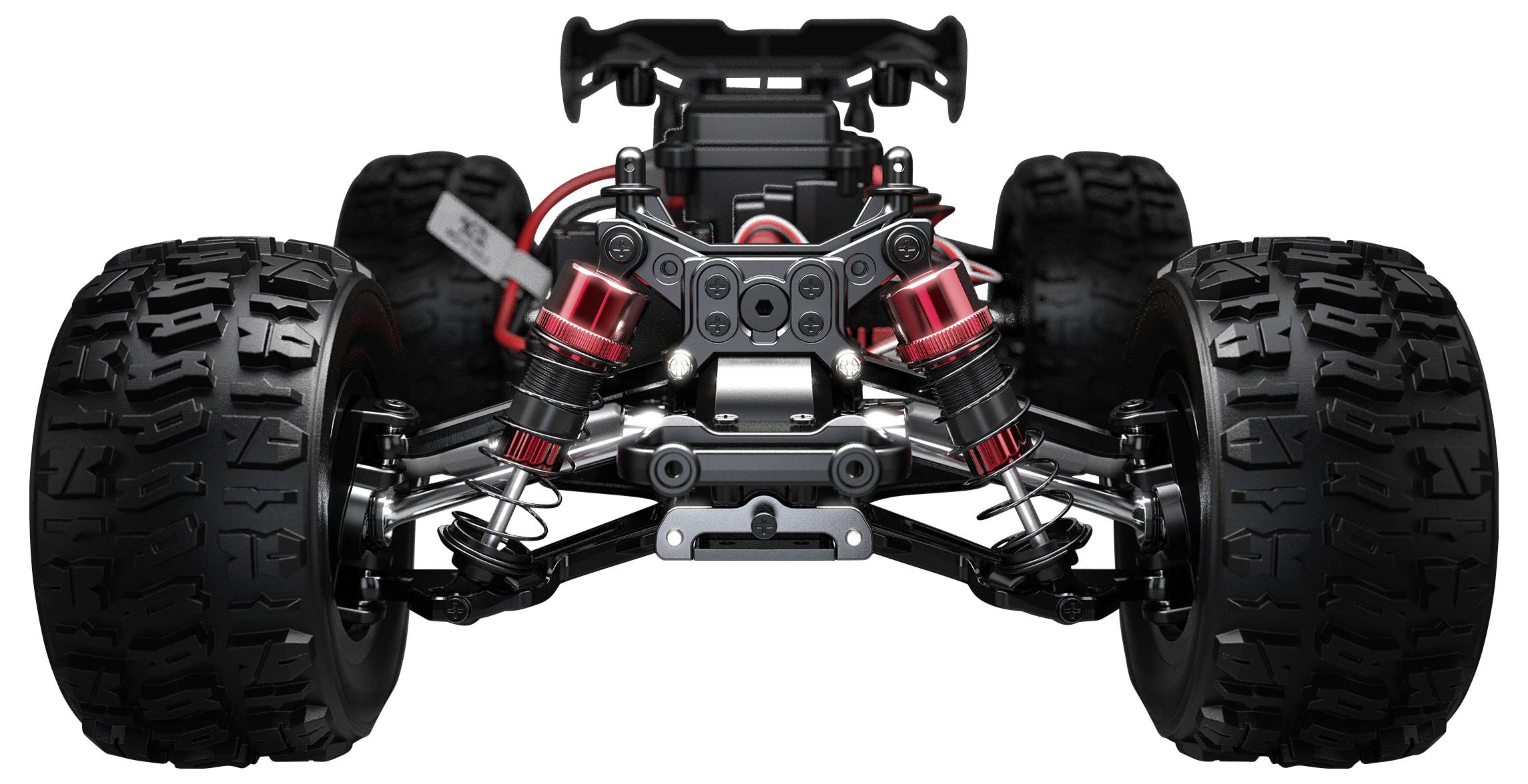 Zdalnie sterowany samochód, widok z przodu: Duże, wytrzymałe koła, widoczny system zawieszenia i przewody, odpowiedni do jazdy w terenie.