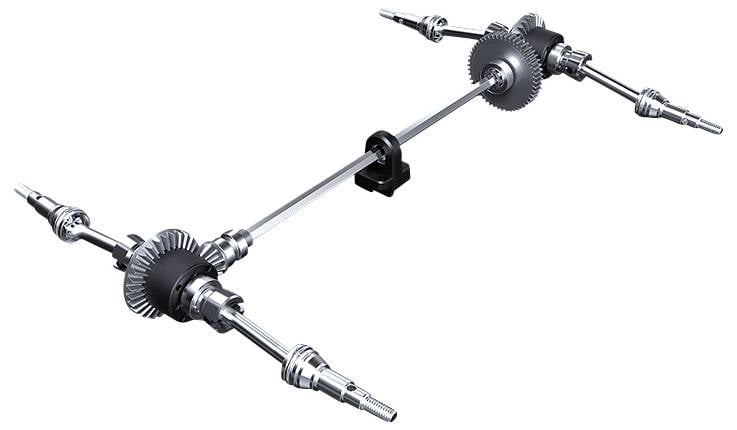 Metalowy mechanizm przekładniowy z wieloma kołami zębatymi i osiami, który przenosi energię mechaniczną między różnymi komponentami.