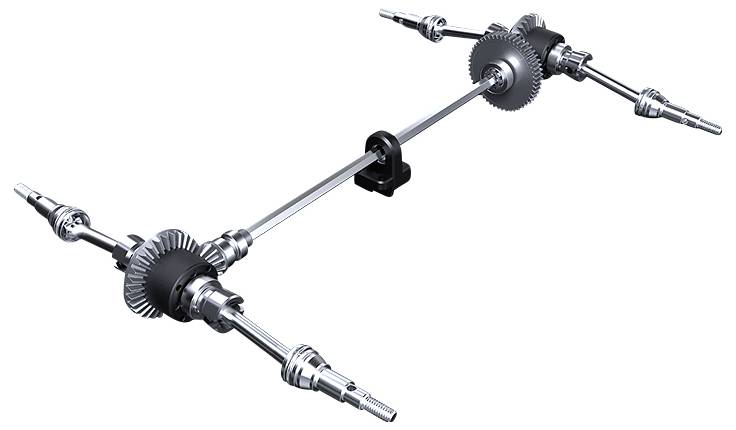 Złożony układ przekładni z wieloma osiami i kołami zębatymi, prawdopodobnie stanowiący część systemu napędowego.