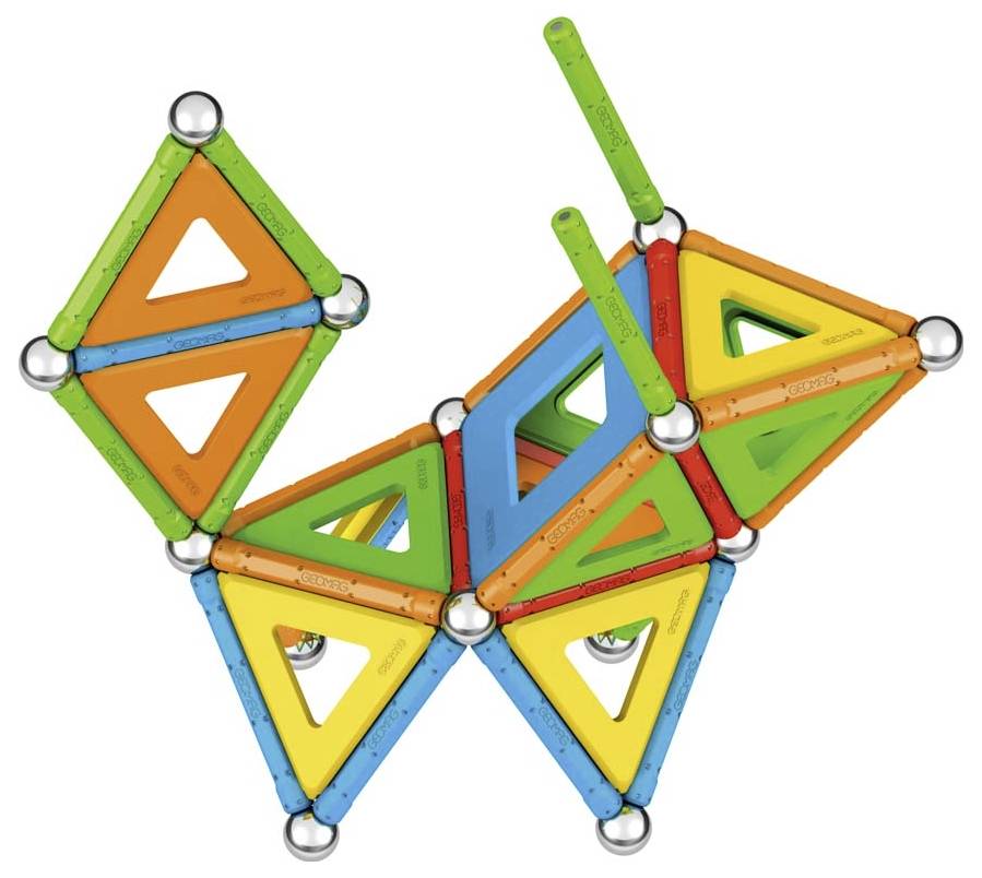 Kolorowe magnetyczne klocki tworzą stylizowaną figurę motyla.