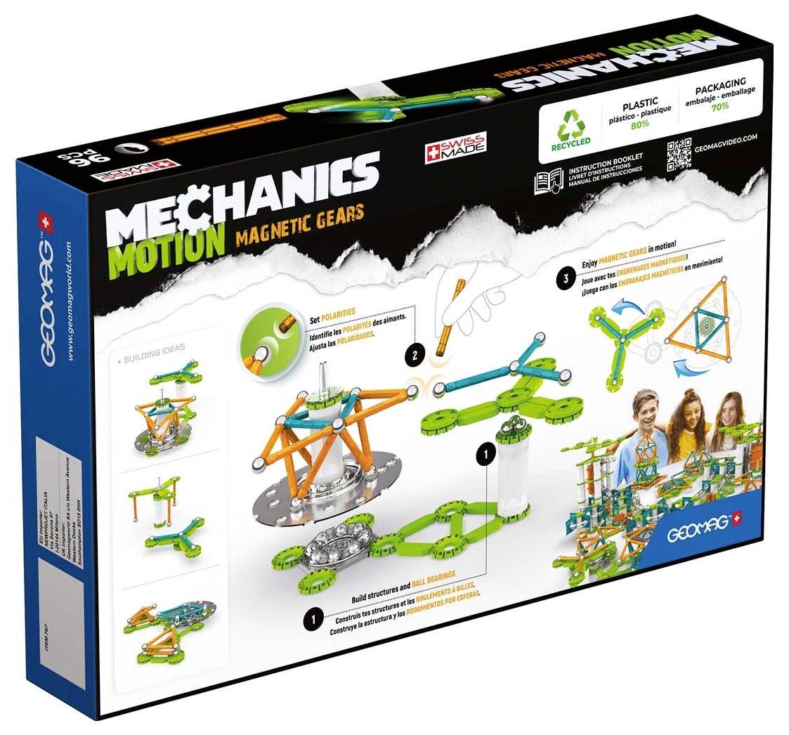 Zestaw mechaniczny z magnetycznymi kołami zębatymi. Zawiera instrukcje i przykłady budowy różnych struktur. Dzieci się uśmiechają.