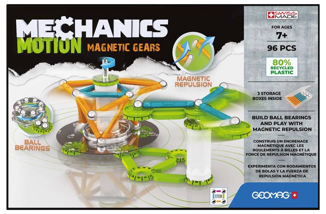 Geomag Mechanika: Magnetyczny zestaw konstrukcyjny dla dzieci od 7 lat. Zawiera 96 elementów wykonanych w 80% z recyklingowanego tworzywa sztucznego. Wykorzystuje odpychanie magnetyczne.
