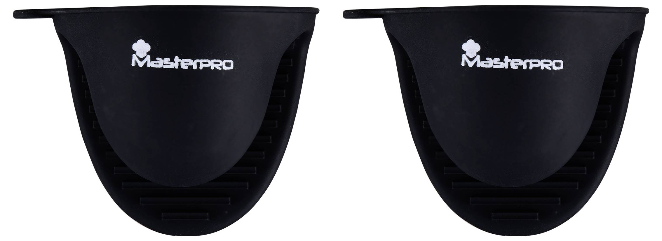 Dwie czarne zaciski silikonowe z logo 'Masterpro', używane do bezpiecznego przelewania płynów z garnków i patelni.