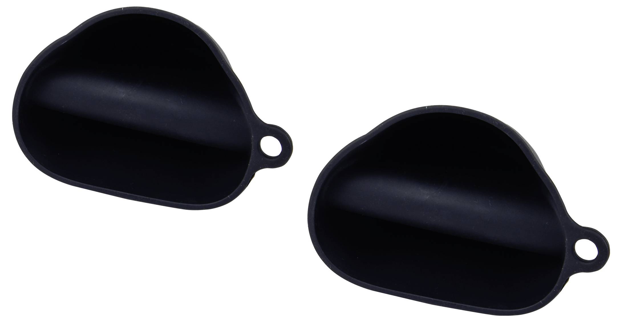 Dwie czarne, półkoliste plastikowe osłony z małymi uchwytami po bokach, umieszczone na białym tle.