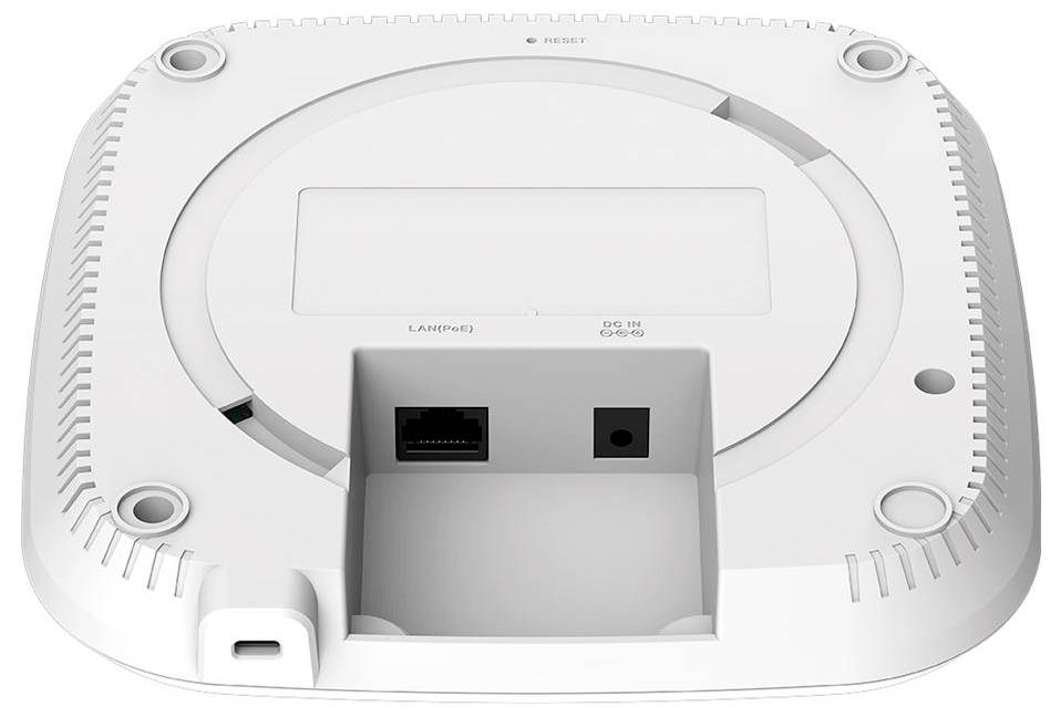 Spód białego punktu dostępowego Wi-Fi z przyciskiem resetowania oraz złączami LAN i kabla zasilającego.