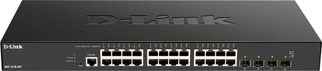 Czarny przełącznik D-Link z 24 portami Gigabit Ethernet z wieloma złączami kablowymi sieciowymi z przodu.