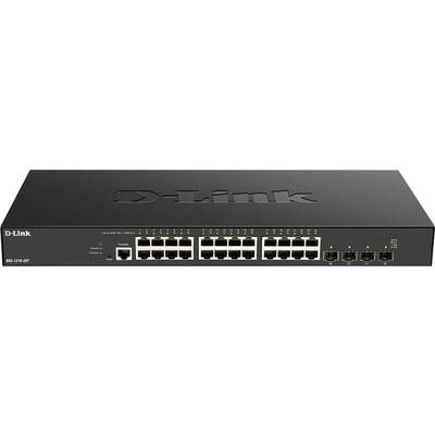 Czarny przełącznik D-Link z 24 portami Gigabit Ethernet z wieloma złączami kablowymi sieciowymi z przodu.