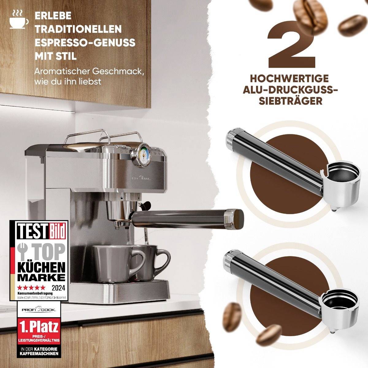 Ekspres do kawy na blacie kuchennym, dwa aluminiowe sitka ciśnieniowe i ziarna espresso. Tekst reklamuje tradycyjną przyjemność picia espresso.