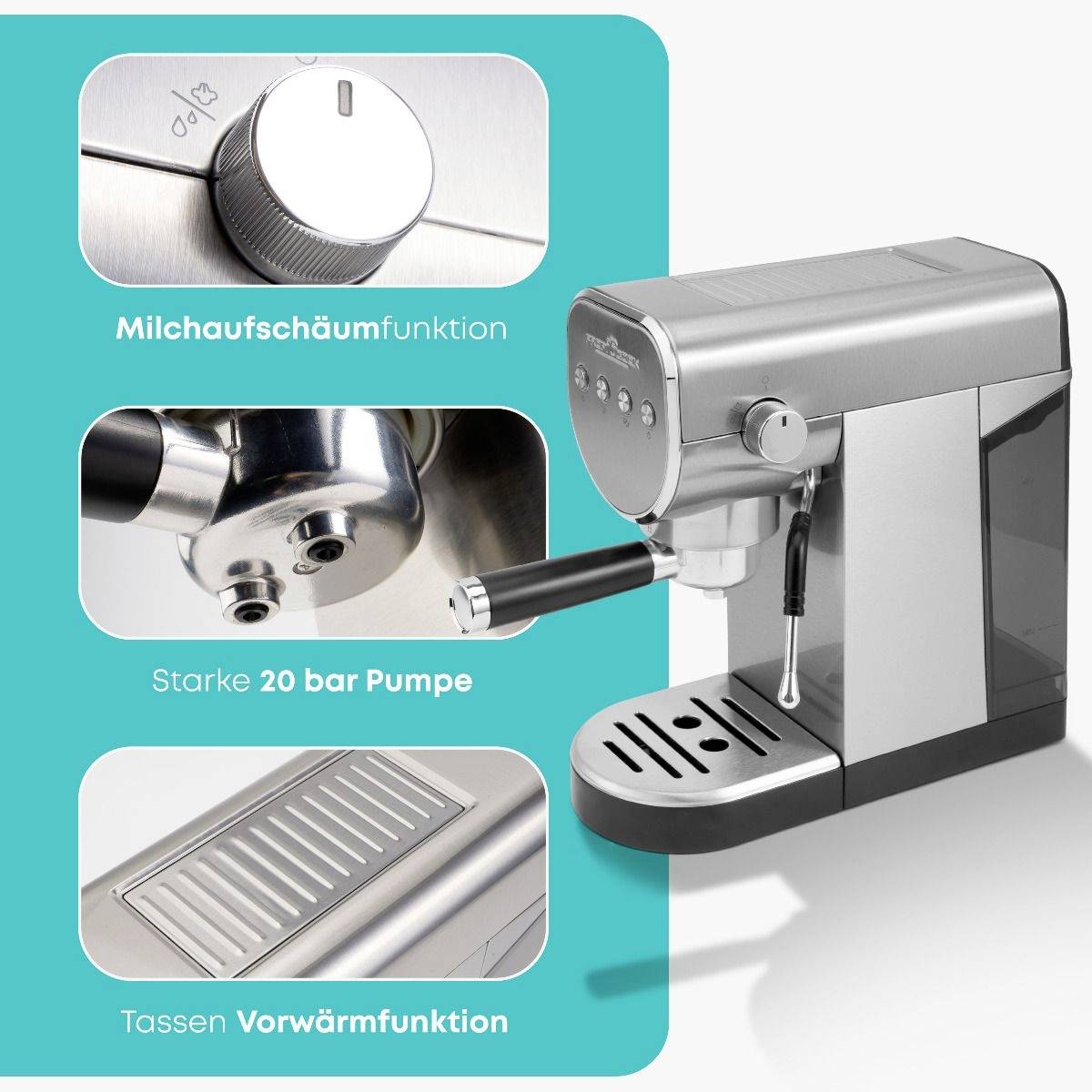 Ekspres do kawy z funkcją spieniania mleka, mocną pompą 20 bar oraz funkcją podgrzewania filiżanek. Elegancki design w kolorze srebrnym.
