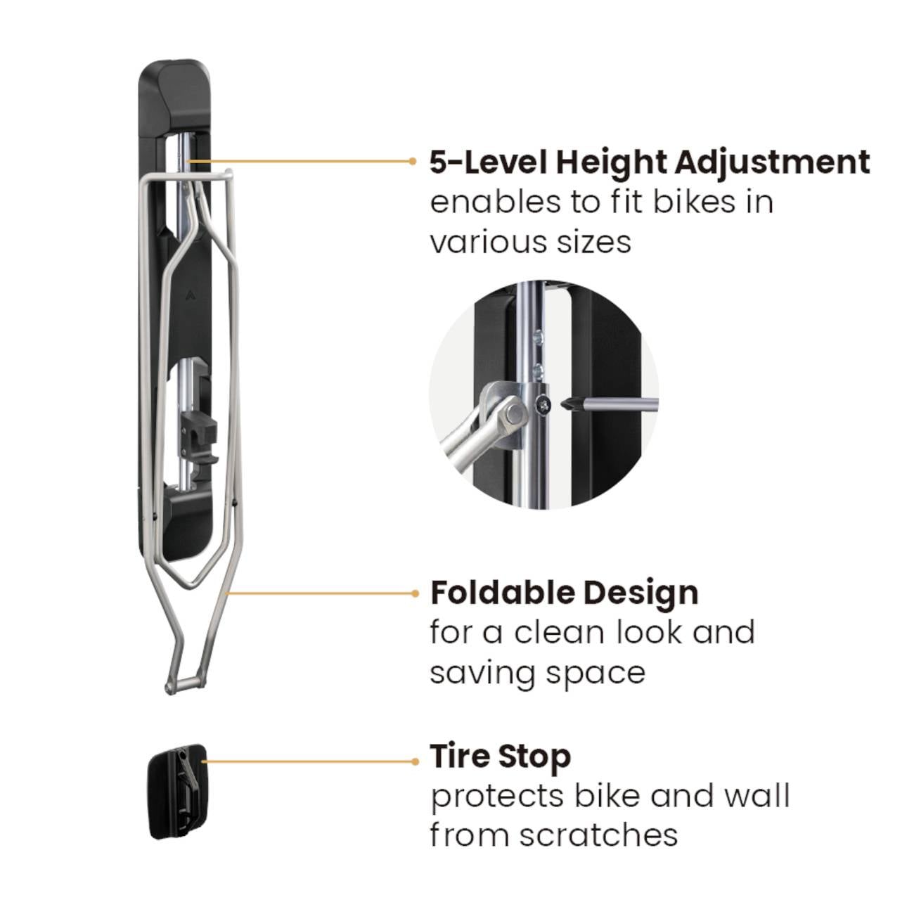Uchwyt rowerowy z regulacją wysokości w 5 stopniach, składaną konstrukcją i zatrzymywaczem kół, chroniący przed zarysowaniami, oszczędzający miejsce.