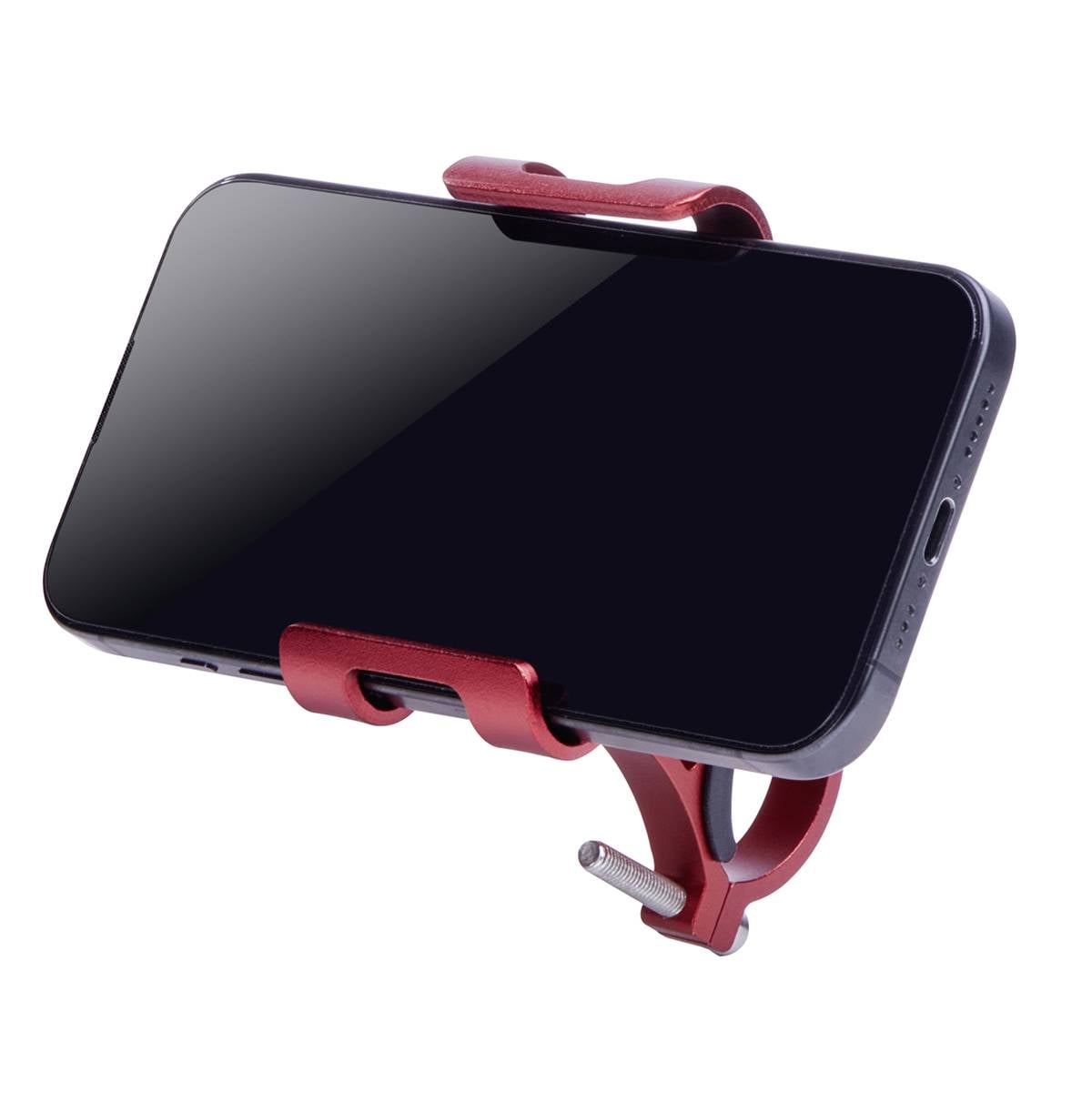 Smartfon spoczywa poziomo w czerwonym uchwycie rowerowym. Uchwyt posiada zacisk i śrubę do mocowania.
