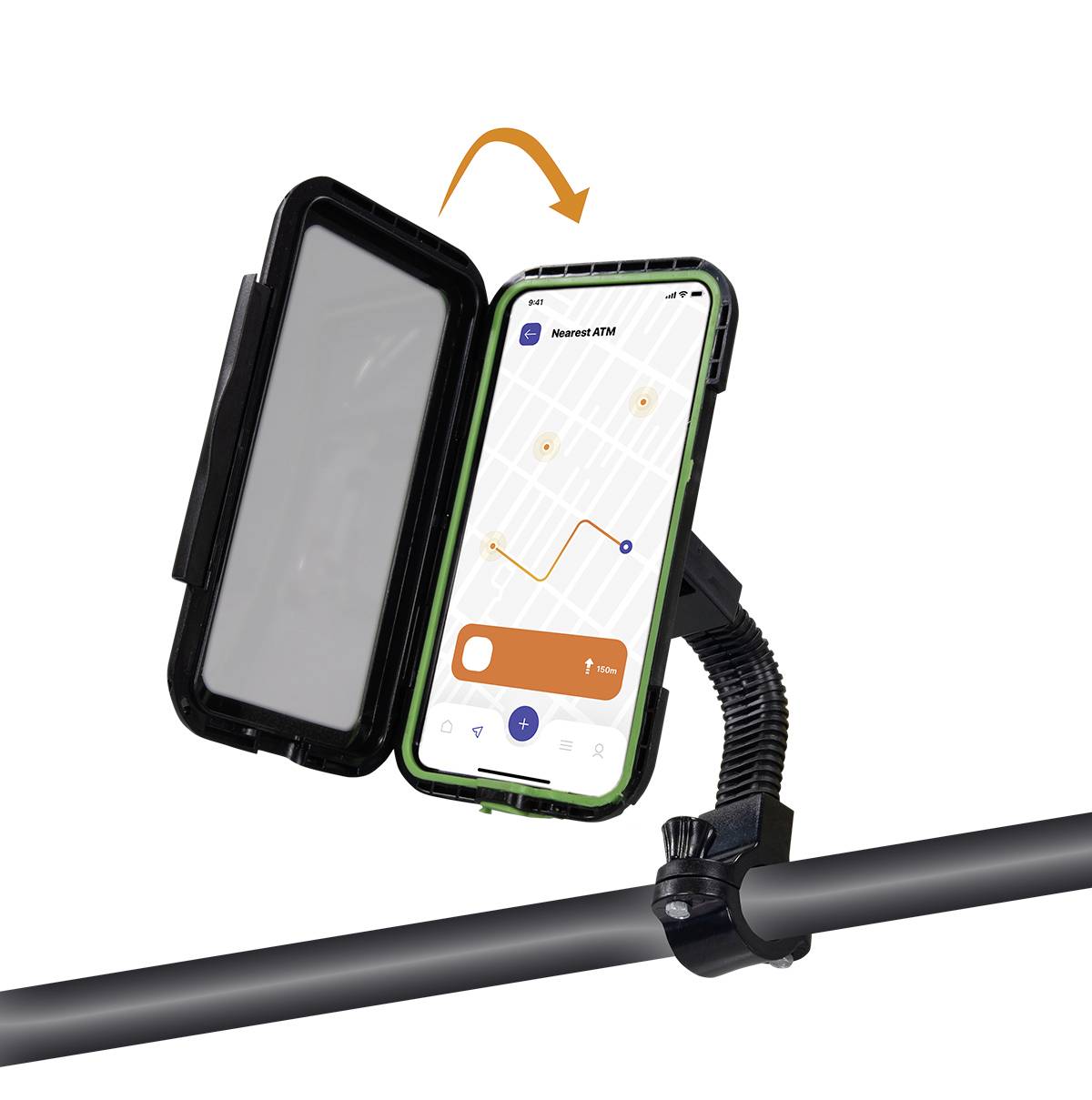 Smartfon zamocowany w uchwycie na kierownicy roweru. Na wyświetlaczu widoczna jest aplikacja nawigacyjna z trasą do bankomatu.