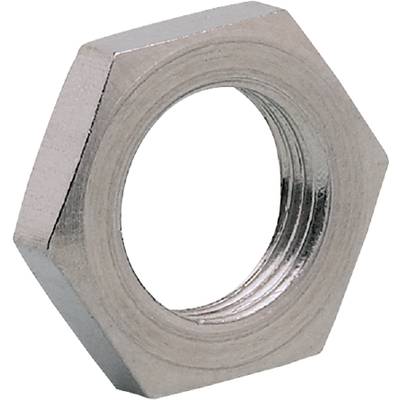Nakrętka sześciokątna, srebrzysta i metaliczna, z gwintem wewnętrznym; typowy element łączący w mechanice stosowany do śrub.