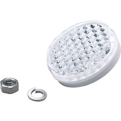 Okrągły plastikowy obiekt o powierzchni przypominającej diament, obok niego mały metalowy pierścień. Prawdopodobnie reflektor świetlny lub element dekoracyjny.