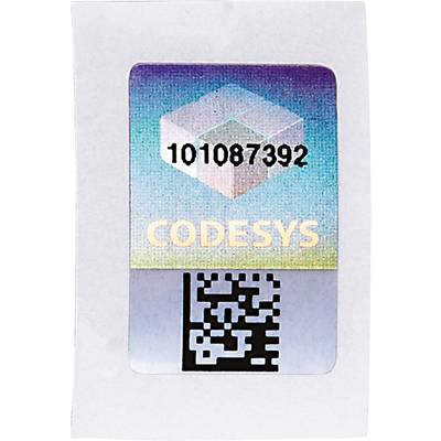 Kod QR i napis '101087392 CODESYS' na holograficznym tle.