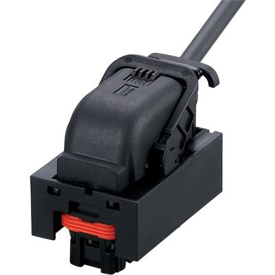 Czarny złącz elektroniczny z wytrzymałą obudową i podłączeniem przewodu, odpowiedni do zastosowań przemysłowych.