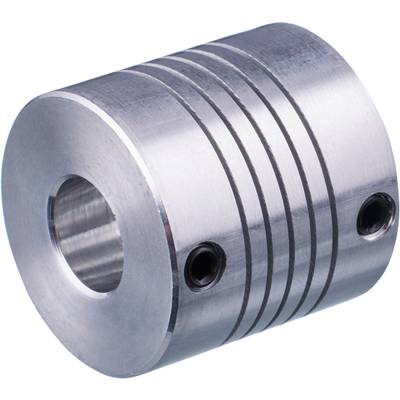 Cylindryczny element metalowy z wieloma równoległymi rowkami i dwoma bocznymi otworami gwintowanymi, prawdopodobnie sprzęgło.