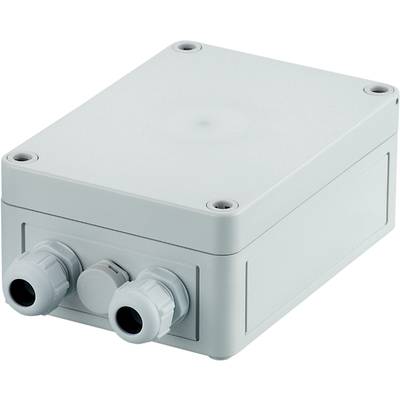 Szare, prostokątne obudowa z dwoma przepustami kablowymi z przodu. Odpowiednia do połączeń elektronicznych.