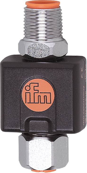 Czarno-szare urządzenie elektroniczne z pomarańczowym logo pośrodku, na którym widnieje napis 'ifm'.
