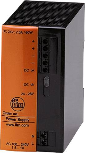 Przemysłowy zasilacz, widok z przodu, pokazujący wskaźniki DC-Ok, napięcie wejściowe 24-28V, oraz logo ifm w lewym dolnym rogu.