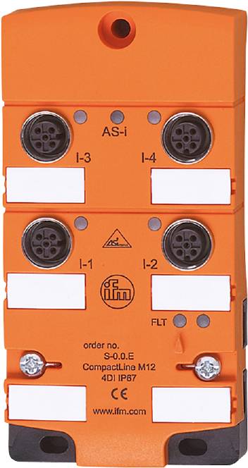 Elektroniczne urządzenie z czterema okrągłymi złączami i pomarańczową powierzchnią, oznaczone napisami 'AS-i', 'FLT' oraz 'order no. E'.