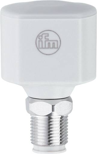 Biały czujnik cylindryczny z gwintem metalowym, logo marki "ifm" widoczne na górze, prawdopodobnie do zastosowań przemysłowych.