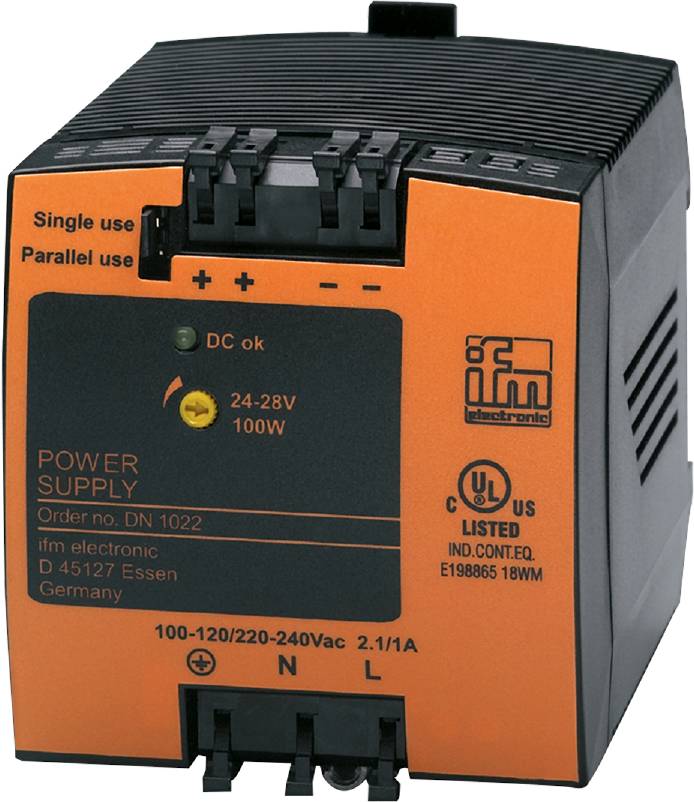 Zasilacz firmy 'ifm electronic', model DN 1022, o następujących parametrach technicznych: napięcie wejściowe 100-120/220-240V prądu przemiennego, wyjście 24-28V, 100W.