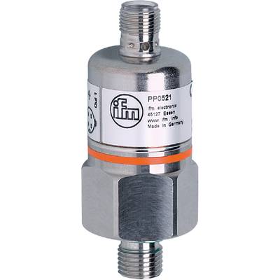 Srebrny czujnik ciśnienia firmy ifm electronic o numerze modelu 'PP0521', wyprodukowany w Essen w Niemczech, na metalowym tle.
