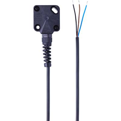 Czarny kabel elektryczny z odkrytymi niebieskimi i brązowymi przewodami na jednym końcu oraz zaizolowaną wtyczką na drugim końcu.