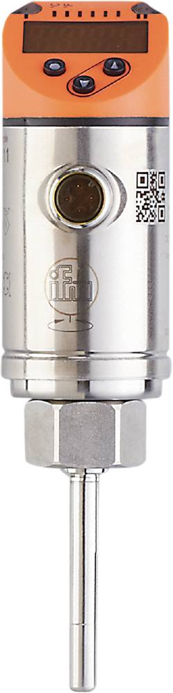 Srebrny metalowy element z gwintem śrubowym i logo firmy IFM, szczegół komponentu przemysłowego.