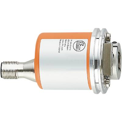 Czujnik w obudowie w kolorze pomarańczowym z srebrnym zakończeniem, na którym widnieje napis 'ifm electronic', wyprodukowany w Polsce.
