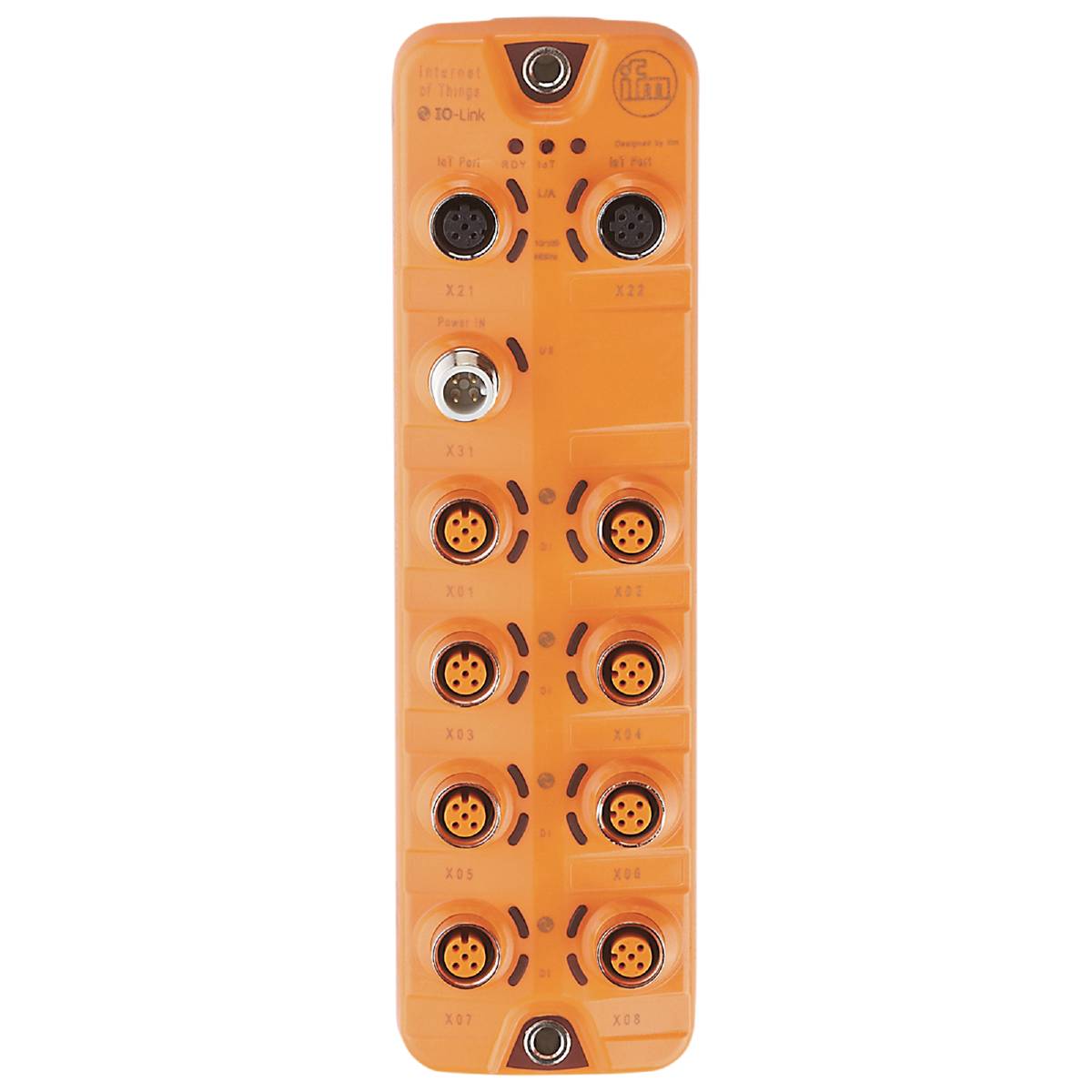 Pomarańczowy, prostokątny blok przemysłowy czujnika z wieloma złączami M12 na czarnym tle.