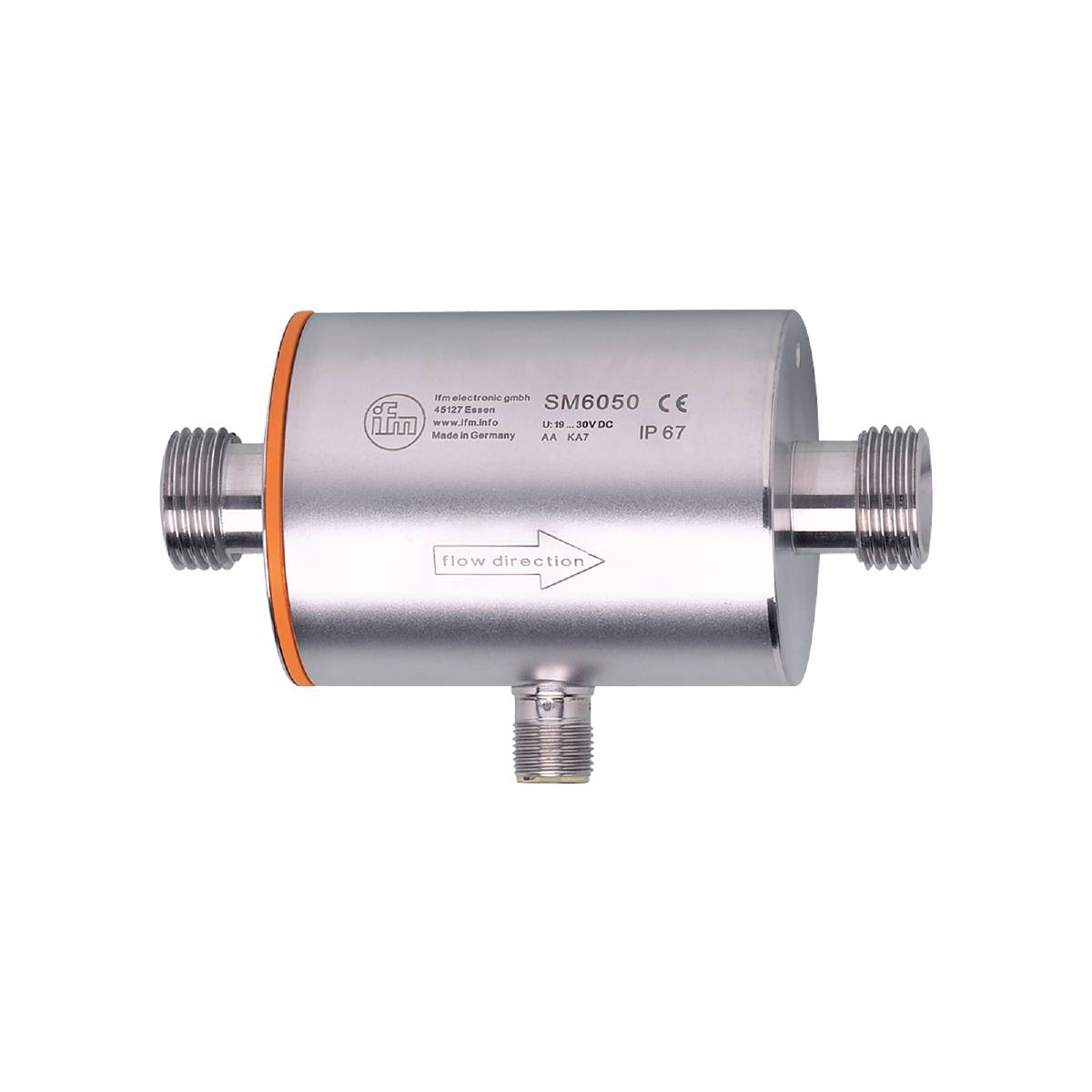 Metalowy cylinder czujnika z przyłączami na końcach, oznaczenie 'SM6050', 'IP67', strzałka kierunkowa wskazująca kierunek przepływu.