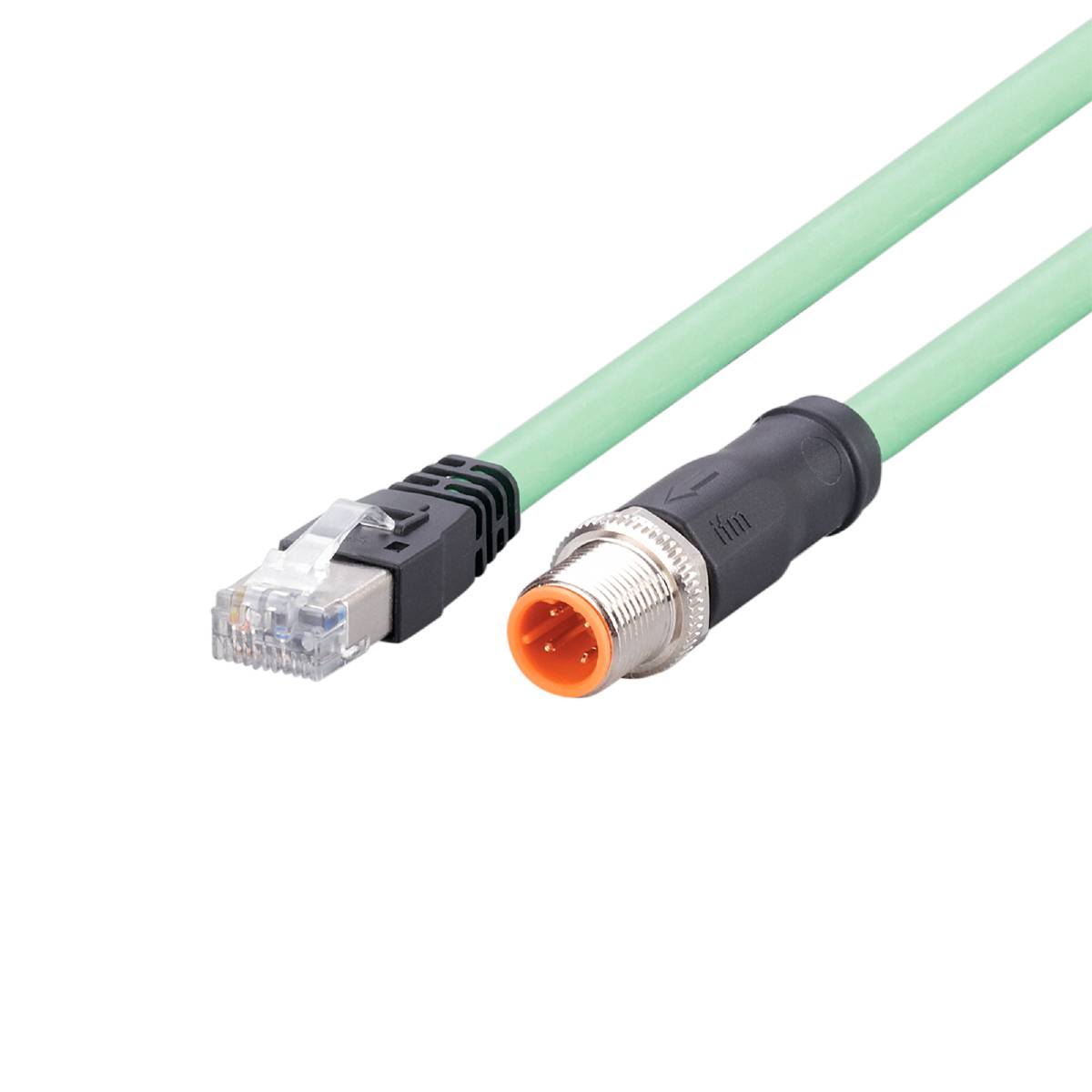 Zielony kabel Ethernet z wtykiem RJ45 po lewej stronie i okrągłym wtykiem przemysłowym po prawej stronie.