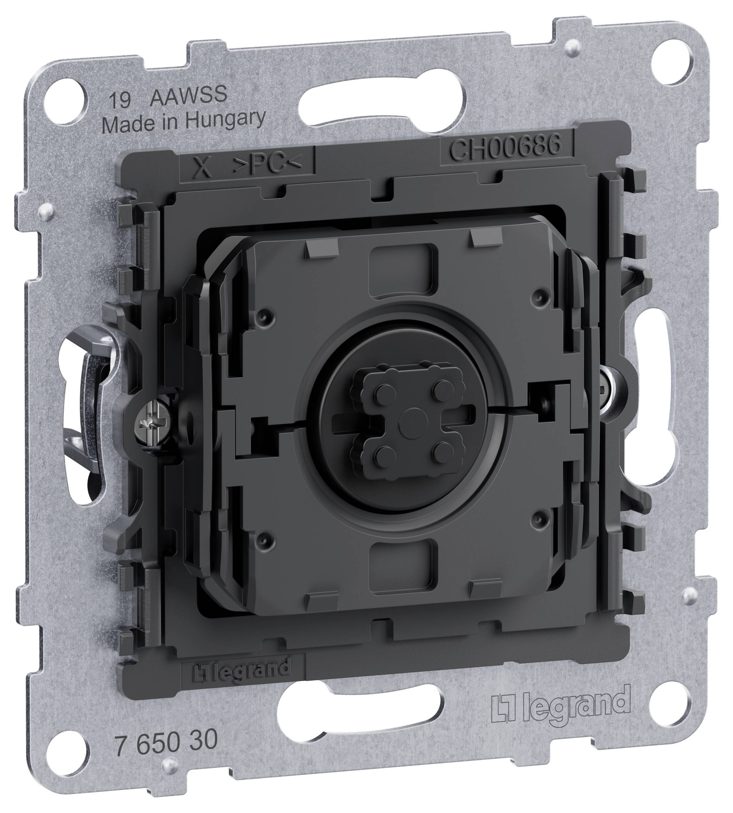 Wkład gniazda elektrycznego Legrand 7 650 30 wykonany z metalu z elementami z tworzywa sztucznego, rozpoznawalny po otworach montażowych i interfejsach.