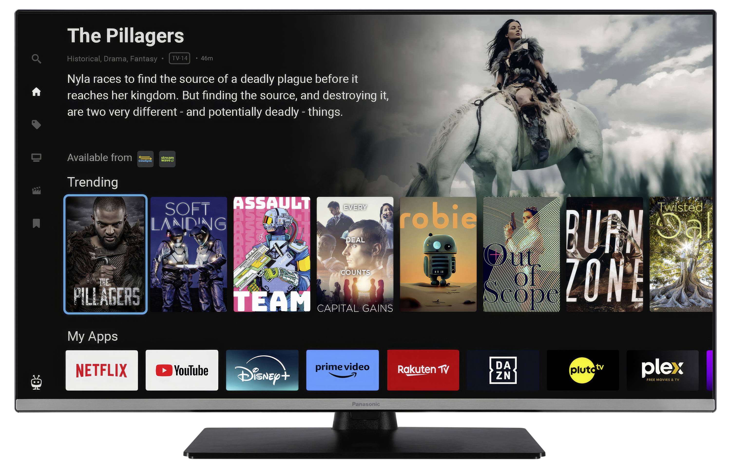 Telewizor wyświetla menu streamingowe z plakatami filmowymi i aplikacjami takimi jak Netflix, Amazon Prime i inne. Główny film 'The Pillagers' jest wyróżniony.