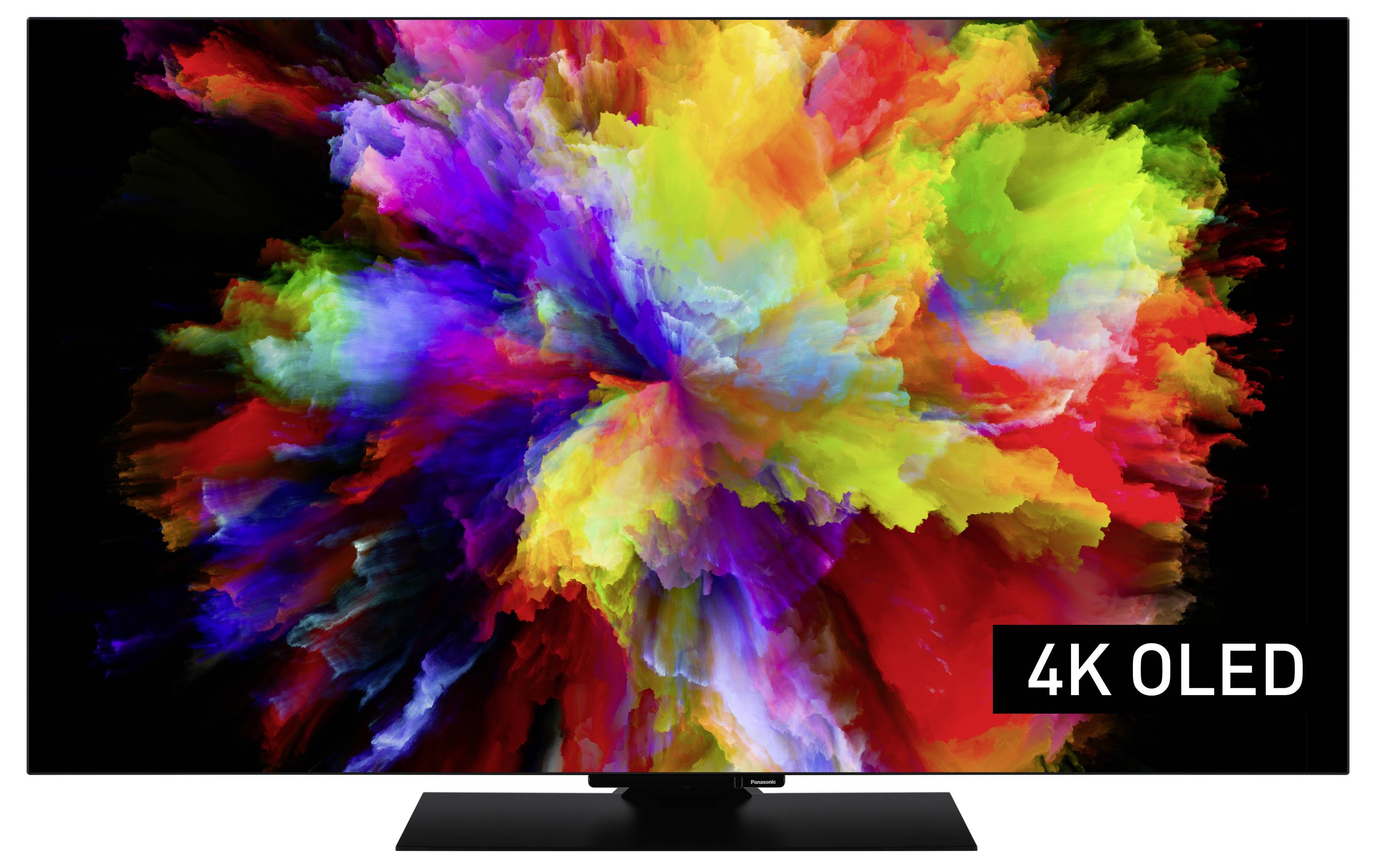 Ekran telewizora wyświetla kolorowy, abstrakcyjny wzór przedstawiający eksplozję barw; w dolnym prawym rogu widnieje napis '4K OLED'.
