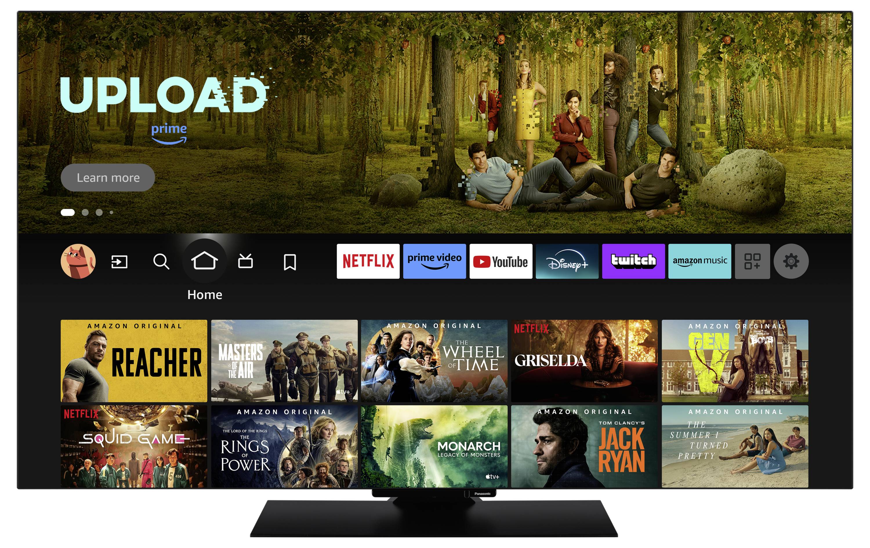 Interfejs Smart TV z aplikacjami strumieniowymi takimi jak Netflix, Prime Video i YouTube. Wyróżniony serial: 'Upload' na Prime Video.