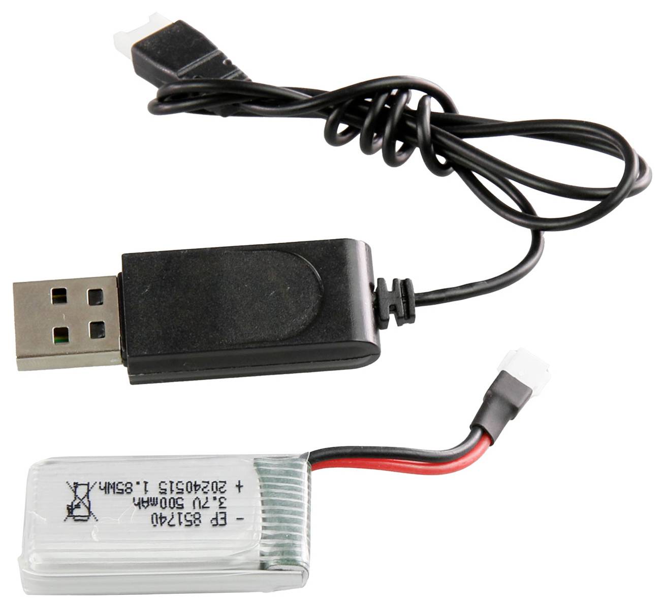 Ładowarka USB z kablem i akumulatorem litowo-polimerowym. Akumulator ma 3,7V, 500mAh i białą wtyczkę.