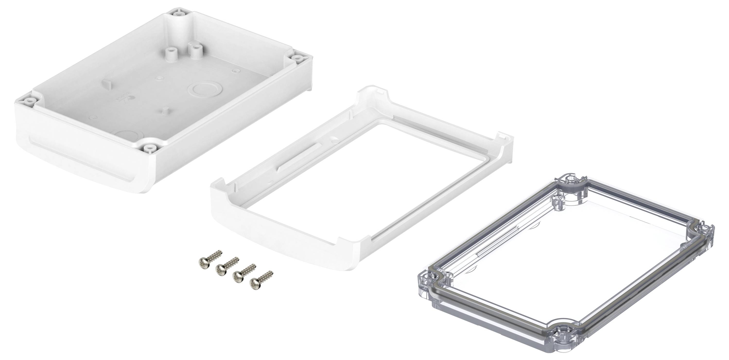 Obudowa z tworzywa sztucznego składająca się z trzech części: płyty podstawowej, ramy środkowej, przezroczystej pokrywy oraz czterech śrub do montażu.