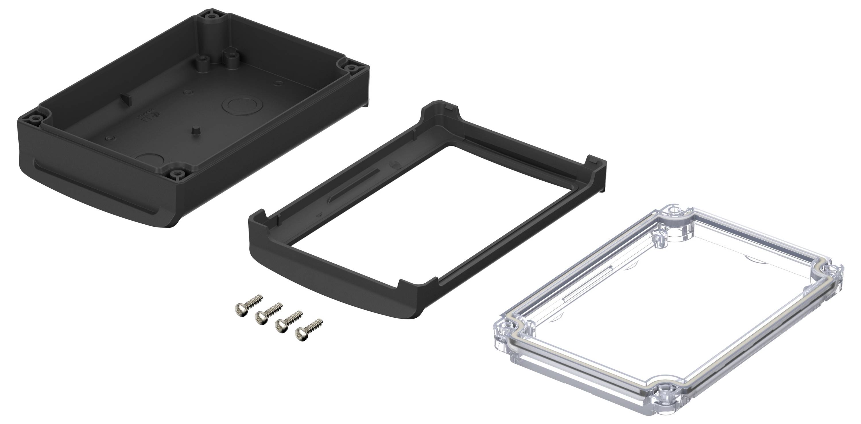 Trzy części czarnej i przezroczystej prostokątnej obudowy wraz ze śrubami leżą obok siebie, gotowe do montażu.