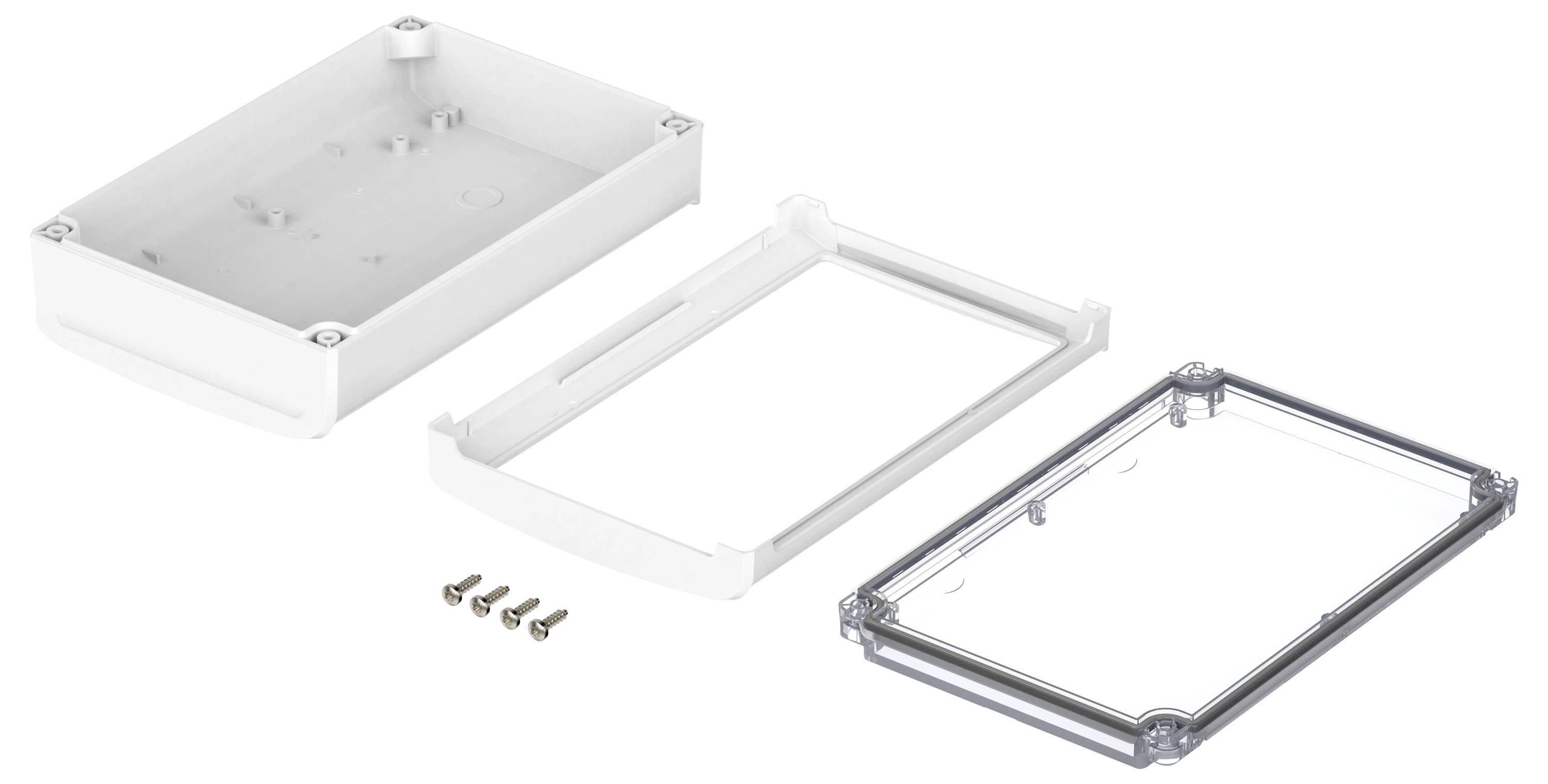 Białe elementy obudowy: podstawa, rama i przezroczysty pokrywa, obok cztery śruby.