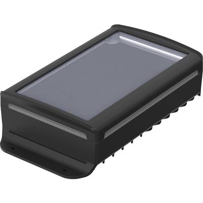 Prostokątna, czarna obudowa z zaokrąglonymi krawędziami i przezroczystą pokrywą. Prawdopodobnie jakieś urządzenie elektroniczne.