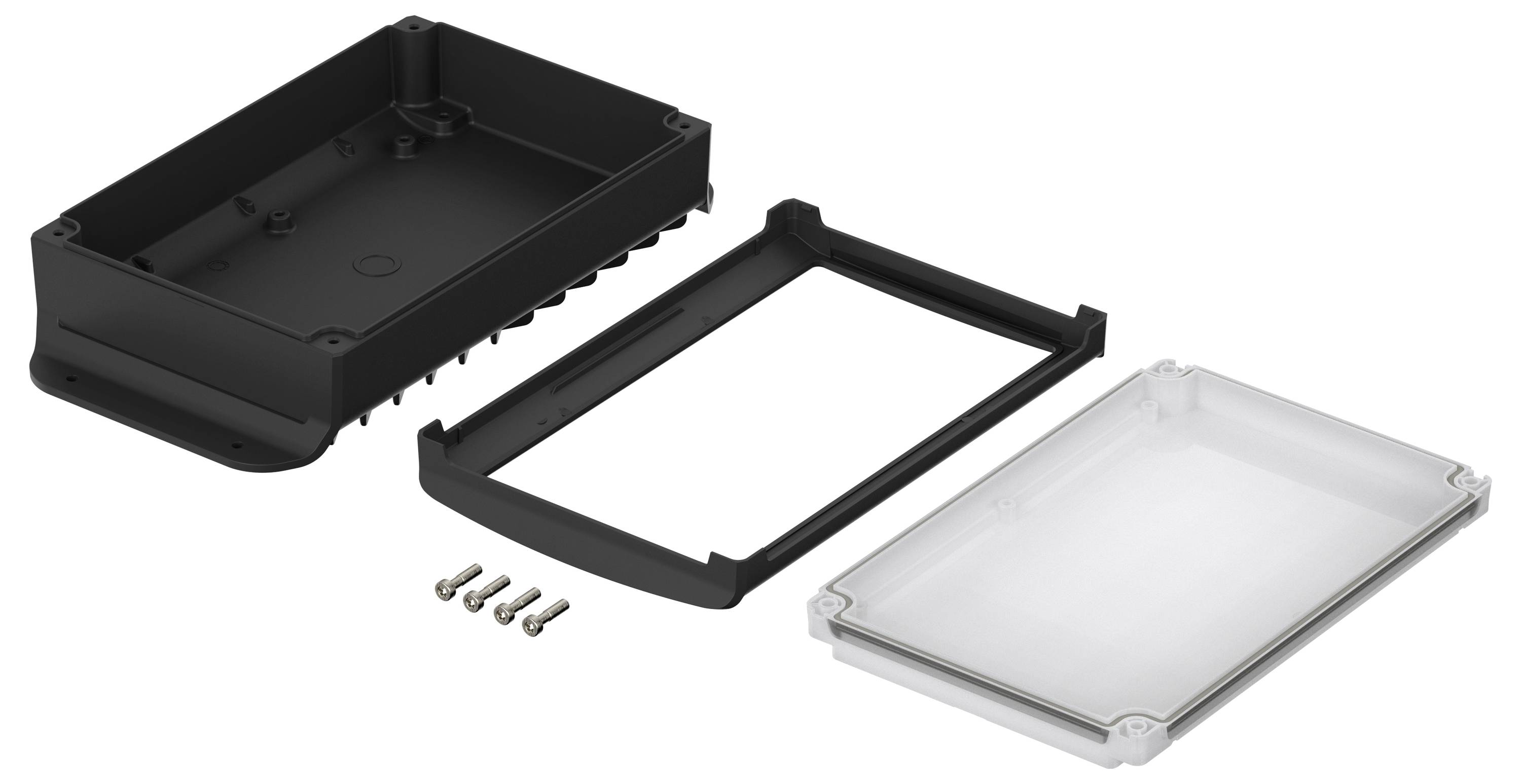 Elektroniczna obudowa rozłożona na części: czarna podstawa, przezroczysta pokrywa, cztery śruby.