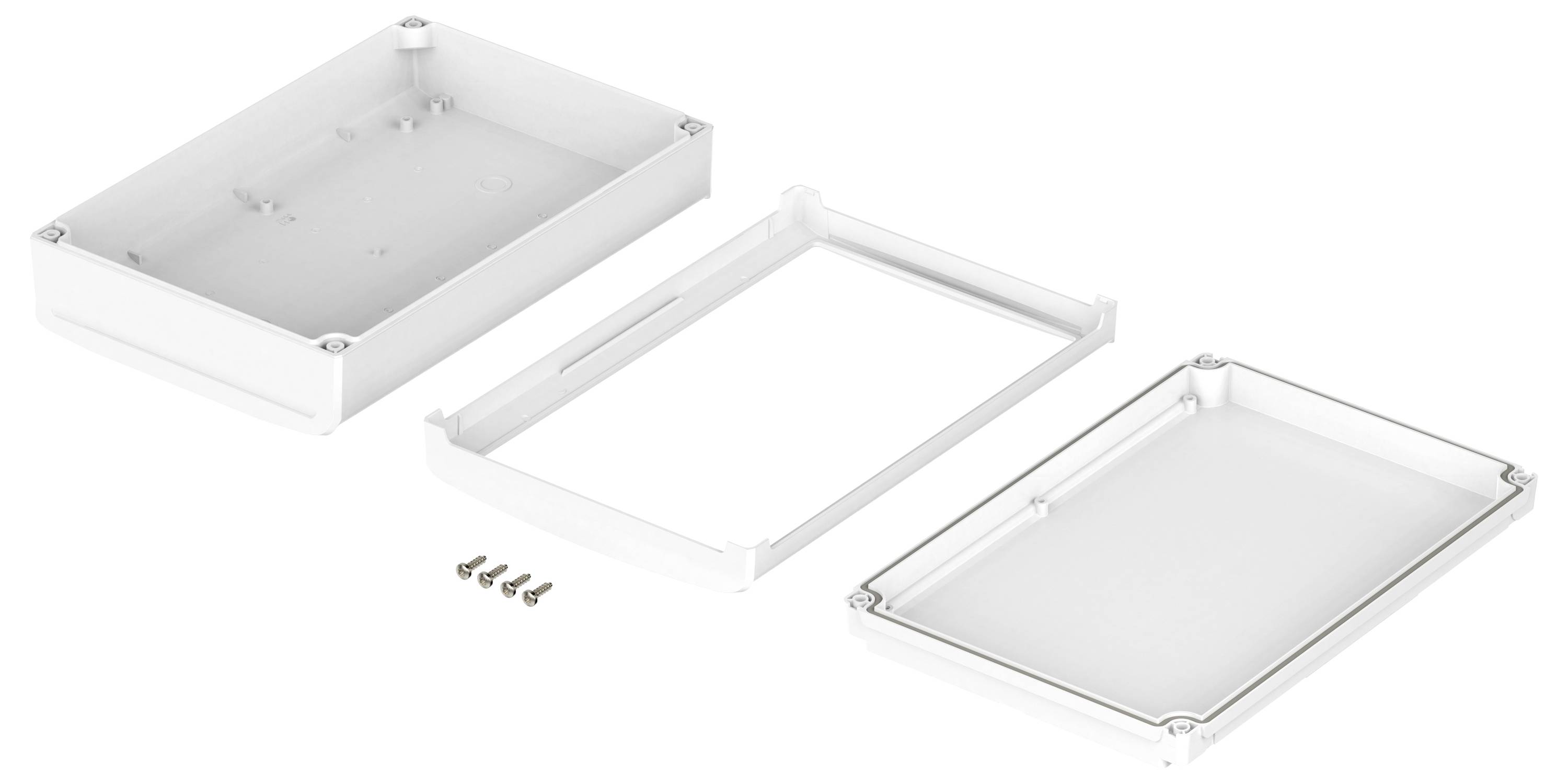 Obudowa plastikowa składająca się z trzech części: pokrywy, ramy i płyty dolnej. Sześć śrub do montażu. Odpowiednia do projektów elektronicznych.