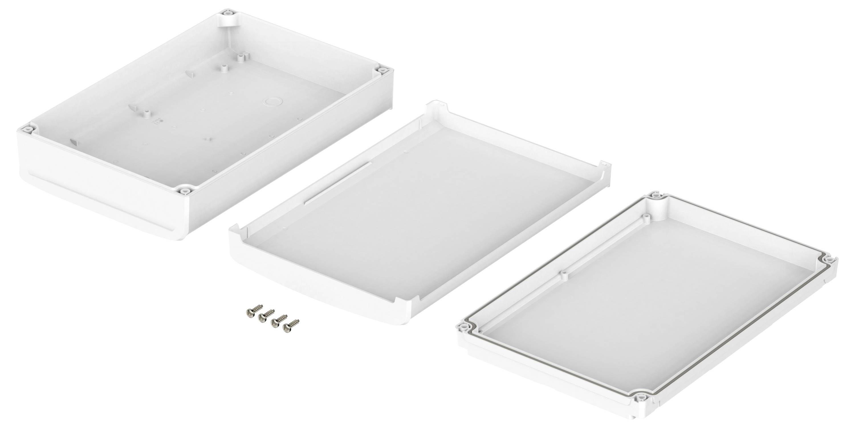 Obudowa z tworzywa sztucznego składająca się z trzech części: spodu, pokrywy i ramy środkowej. Cztery śruby obok po lewej stronie.